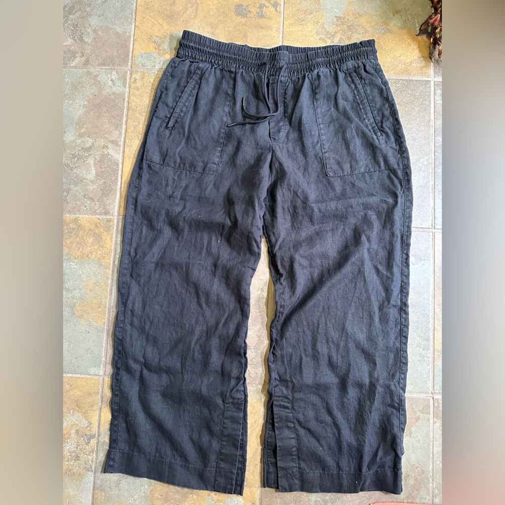 Sold Athleta Retreat 100% Linen High Rise Wide Leg Pants Large Black Slit Hem